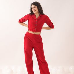 JISORA Red Shirt Collar Pure Cotton Top With Trousers-image-29