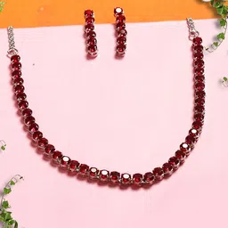 Gemron Jewel Rhodium-Plated Red Cubic Zirconia Studded Necklace with Drop Earrings-image-8