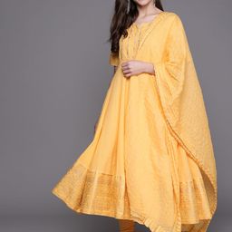 Biba Women Yellow & Golden Yoke Sequinned Kurta with Churidar & Dupatta-picture-48