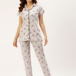 BROOWL Women Off White Floral Printed Pure Cotton Pyjama Set-image-73