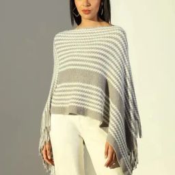 Showoff Grey Acrylic Regular Fit Stripes Poncho-image-45