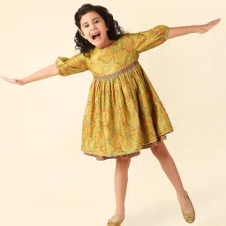 Fabindia Kids Mustard Floral Print Dress-picture-19