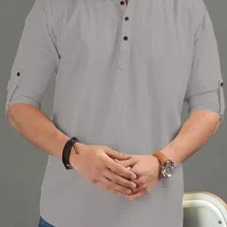 APEKTRA Band Collar Roll-Up Sleeves Slim Fit Short Kurta-image-25