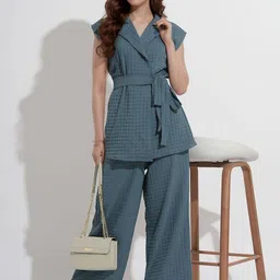 DressBerry Women Grey Self Design Polyester Tie-up Top & Trousers Co-Ord Set-picture-25
