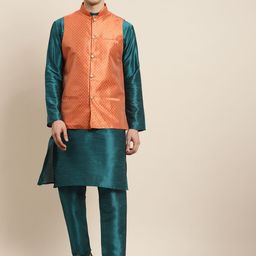 SOJANYA Men Teal Kurta with Pyjamas & Nehru Jacket-26