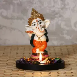 Colorful Lord Ganesha Dancing Avatar Showpiece with Wooden Base, Fragranced Petals and Tealight-34
