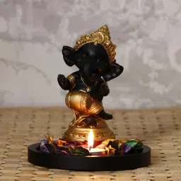 Golden and Black Lord Ganesha Dancing Avatar Showpiece with Base, Fragranced Petals and Tealight-image-90