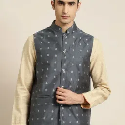 SOJANYA Grey Comfort Fit Embroidered Nehru Jacket-26