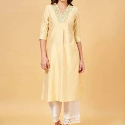 Rangmanch by Pantaloons Yellow Embroidered A Line Kurta-picture-5