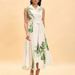 Marigold Lane White Linen Slim Fit Printed Dress-image-53
