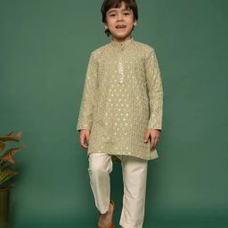 VASTRAMAY Boys Pista Green Embroidered Kurta Set-image-78