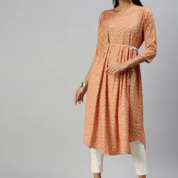 SHOWOFF Orange Cotton Printed Calf Length A Line Kurta-23