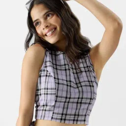 The Souled Store Purple Cotton Chequered Tank Top-picture-9