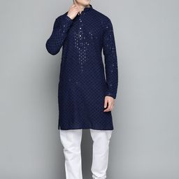 Jompers Men Floral Embroidered Chikankari Pure Cotton Kurta with Churidar-image-113