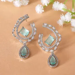Zeneme Rhodium Plated Silver Toned Sea Green AD Studded Drop Earrings-image-61