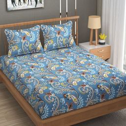 AVI Moonstone Blue & Red Floral Printed Cotton 180 TC King Bedsheet Set-image-21