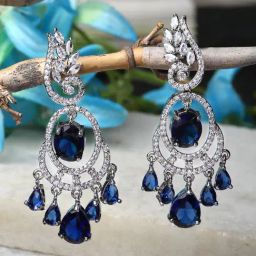 Zeneme Rhodium Plated Silver Toned Royal Blue AD Studded Oval Crytsal Dangler Earrings-16