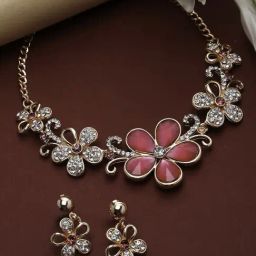 Zeneme Rose Gold Plated Stone Studded Necklace and Earrings Set-image-28