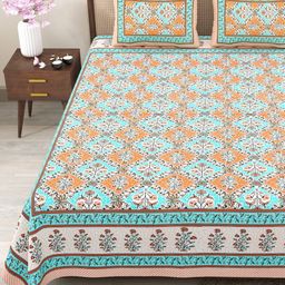 Myntra Elegant Homes Orange & Green Floral 180 TC King Bedsheet with 2 Pillow Covers-picture-4