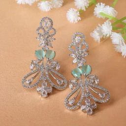 Zeneme Rhodium Plated Lime Green AD Studded Paisley Shaped Dangler Earrings-image-5