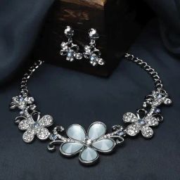 Zeneme Rhodium Plated AD Studded Floweret Jewellery Set-16