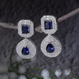 Zeneme Rhodium Plated Blue AD Studded Teardrop Drop Earrings-image-17