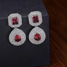 Zeneme Rhodium Plated Red AD Studded Teardrop Drop Earrings-2