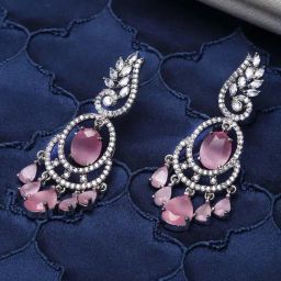 Zeneme Rhodium Plated Silver Toned Pink AD Studded Oval Crytsal Dangler Earrings-6