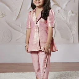 VASTRAMAY Girls Floral Woven Design Lapel Collar Regular Kurta With Dhoti Pant-picture-43