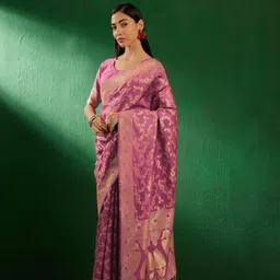 DEVATITHI Woven Design Zari Baby Pink Banarasi Silk Saree-image-53