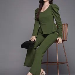 SASSAFRAS Women Olive Green Solid Slim Fit Shimmer Twisted Bootcut Trousers-image-28