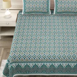 Aapno Rajasthan Green & White Ethnic Motifs 144 TC King Bedsheet with 2 Pillow Covers-image-73