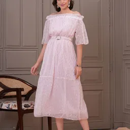 OH MI DIOS Women Off-Shoulder Flared Sleeve Georgette Fit & Flare Midi Dress-image-16