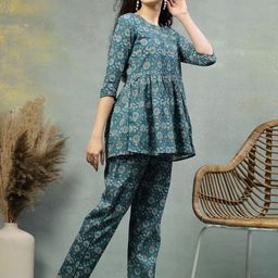 ETC Floral Printed Pure Cotton Round Neck Peplum Top With Trousers Co-Ords-image-77