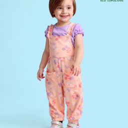 Babyoye Eco Conscious  Cotton Eco Jiva Short Sleeves Tee & Dungaree Set Floral Print- Peach & Purple-image-77