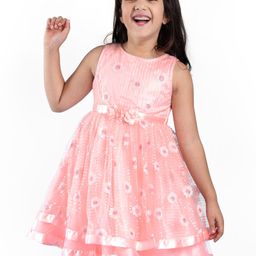 Babyhug Sleeveless Sequinned Party Frock with Floral Corsage - Peach-image-47