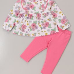 Babyhug 100% Cotton Knit Full Sleeves Top & Legging Set Floral Print - White & Pink-image-6