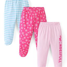 Doodle Poodle 100% Cotton Bootie Leggings Stripes & Butterfly Print Pack of 3 - Pink White & Blue-image-53