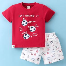 Cucumber Sinker Knit Half Sleeves T-Shirt & Shorts Set Soccer Ball Print - Red & White-image-55