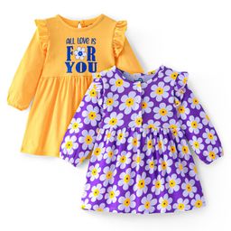 Doodle Poodle Cotton Single Jersey Full Sleeves Frocks with Floral & Text Print Pack of 2 - Yellow & Purple-image-13