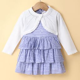 ToffyHouse Cotton Woven Yarn Dyed Checked Frock With Floral Print & Full Sleeves Shrug - White & Purple-image-8