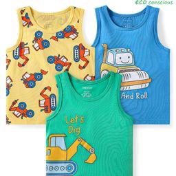 Babyoye Cotton Elastane Knit Sleevless Vests With Vehicle Print Pack Of 3 - Yellow Blue & Green-picture-28