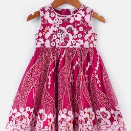 BabyhugWoven Sleeveless Floral Embroidered Ethnic Dress with Sequin Detailing - Dark Pink-image-123