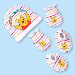 Babyhug Disney Interlock Knit Cap Mittens & Booties With Winnie The Pooh Print - White-picture-28