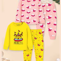Trampoline Cotton Knit Pack Of 2 Full Sleeves Princess & Cloud Printed Night Suits Set - Pink & Yellow-image-91