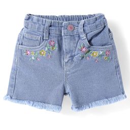 Babyhug Mid Thigh Length Denim Shorts with Floral Embroidery - Light Blue-image-63