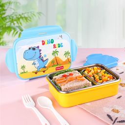 Babyhug Dino Print Lunch Box with Inner Container & Spoons - Light Blue & Yellow-13
