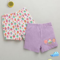 BUMZEE Cotton Knit Above Knee Length Cupcake Printed Shorts Pack of 2 - White & Lavender-image-29