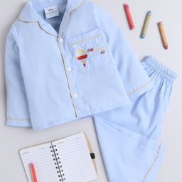 Knitting Doodles Pure Cotton Woven Full Sleeves Oh The Places Youll Go Text Printed Night Suit Set - Light Blue-image-50