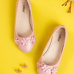 Toothless Floral Applique Detailed & Pearls Embellished Ballerinas - Metallic Pink-image-97